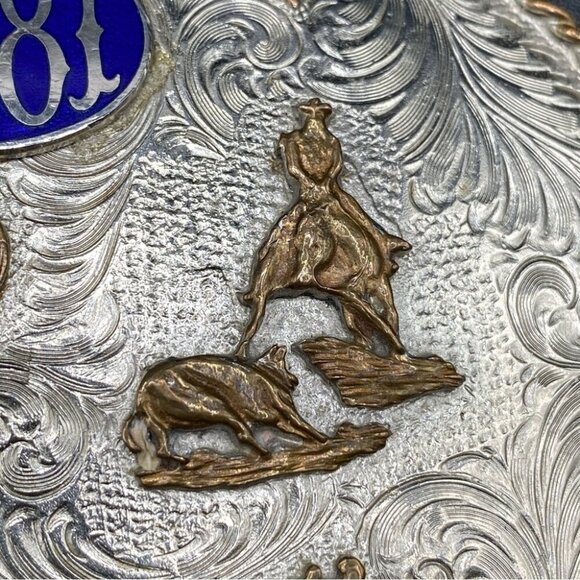 Vintage Large Silver Belt Buckle Authentic 1981 Champion Calf Roping WSCHA 🇺🇸 - Picture 6 of 15